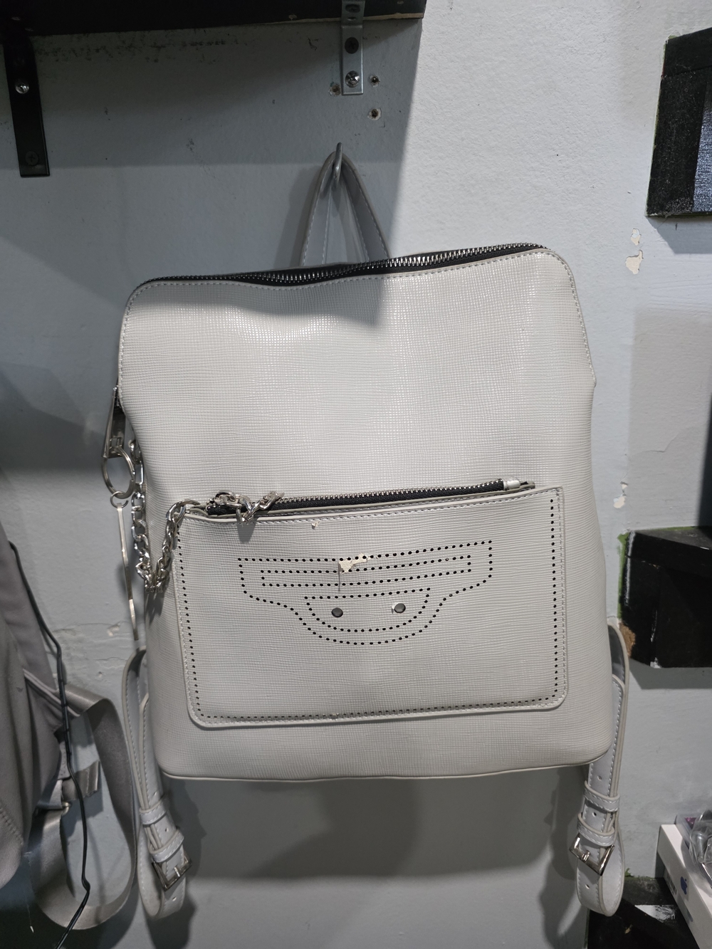 White Women's Faux Leather Backpack with Front Zip Pocket